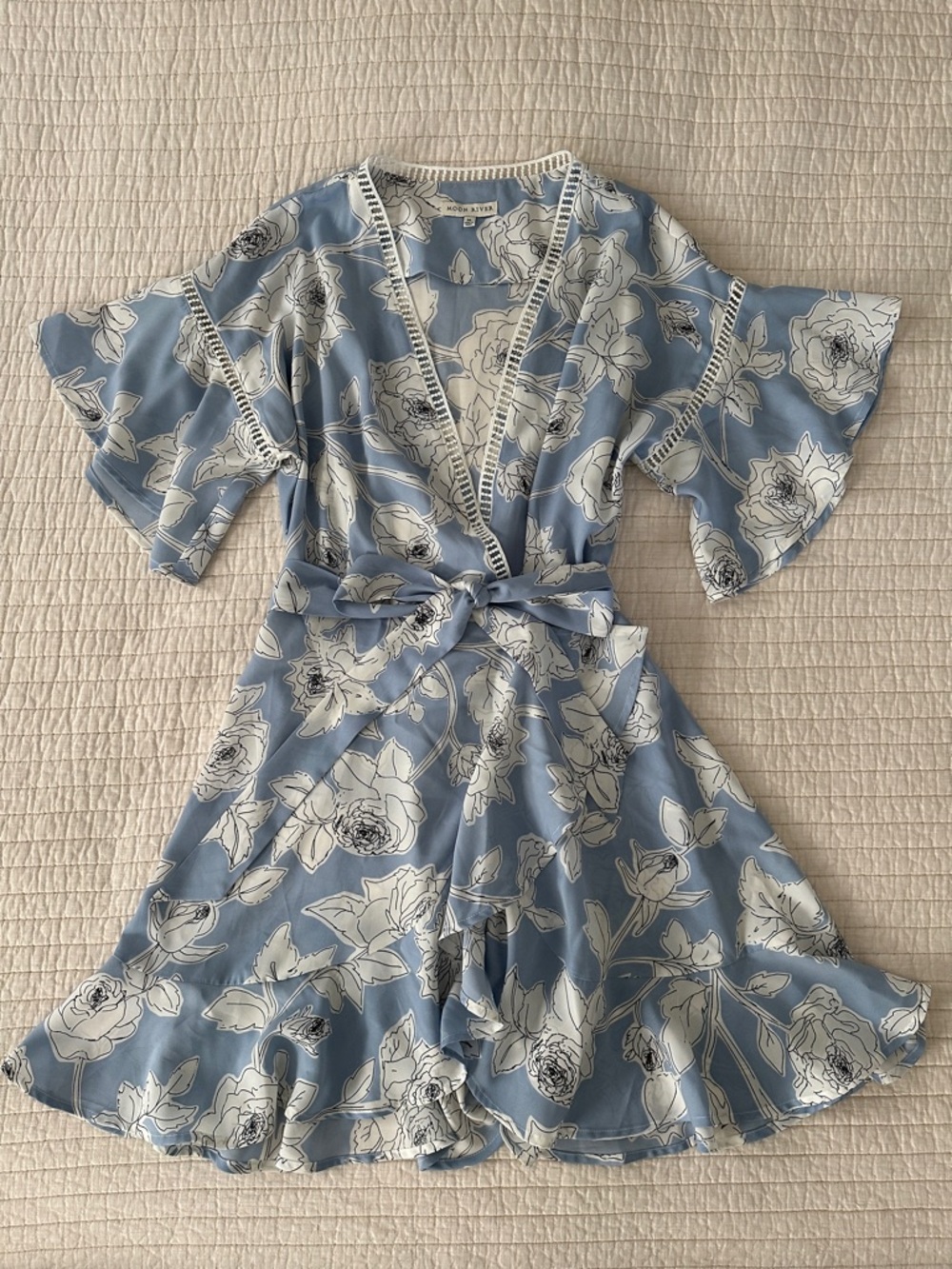 Light Blue Floral Wrap Dress with White Rose Print by Moon River, size M